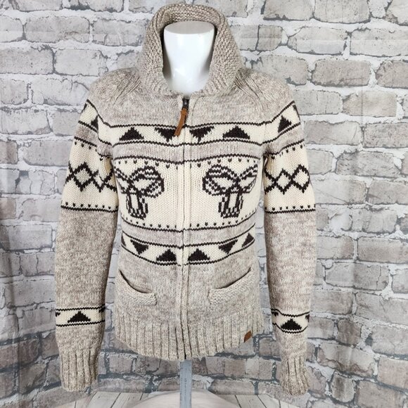 Aritzia TNA Sea to Sky Lambswool Zip Front Cardigan Logo Brown Cream Size Medium - Picture 4 of 16